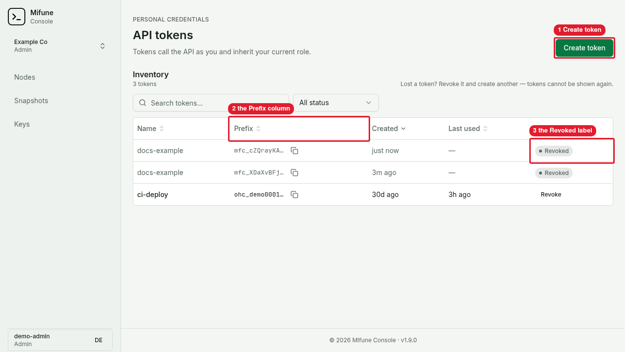 The API tokens page shows the Inventory table with one active demo token and two revoked demo tokens.
