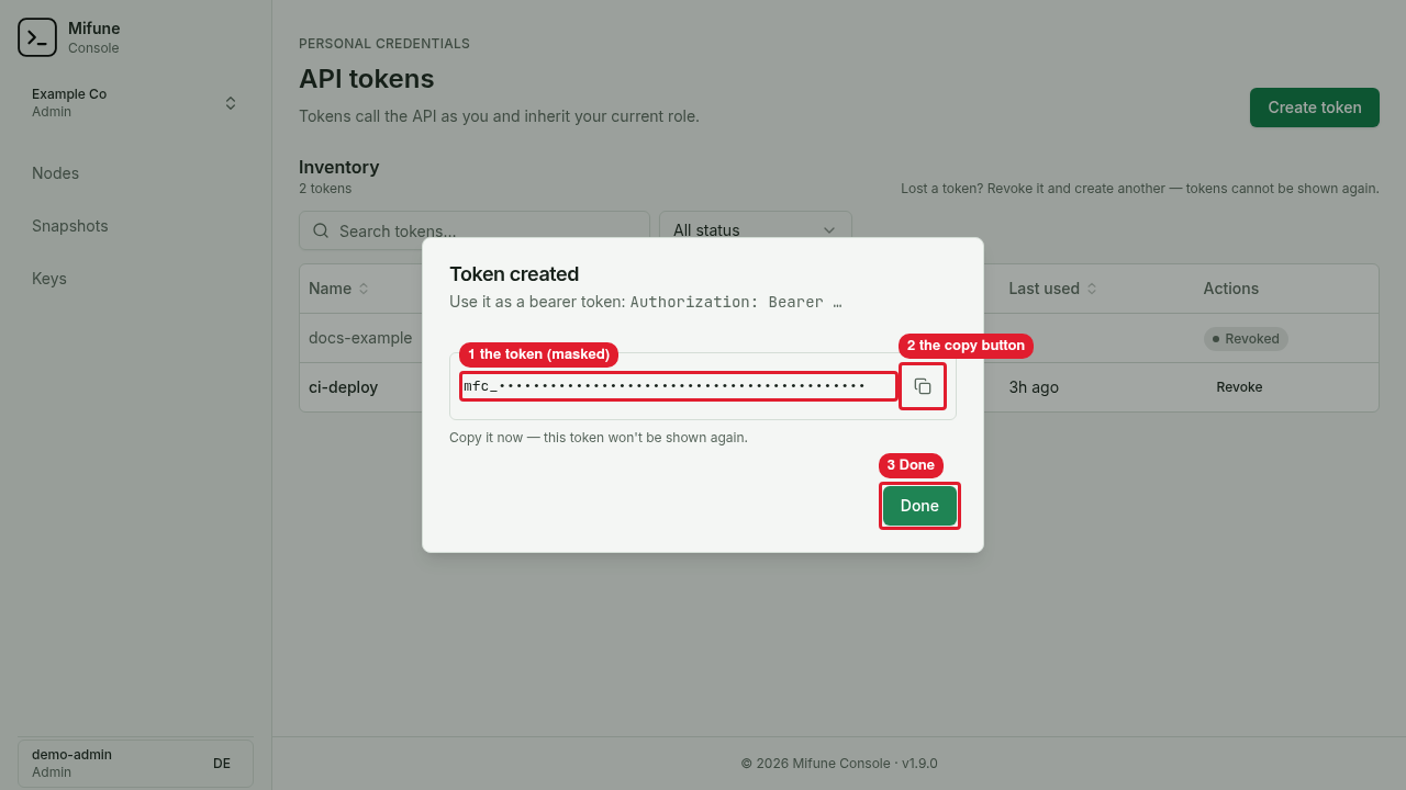 The Token created dialog shows a new token with a mask on the token value.