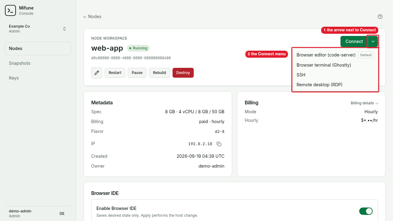The node page of web-app shows the open Connect menu with four items.