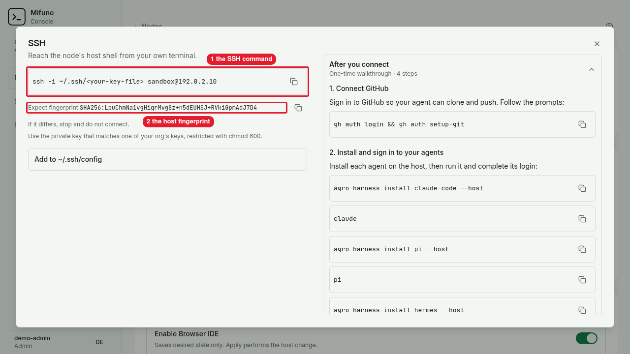 The SSH dialog shows the SSH command and the host fingerprint for web-app.