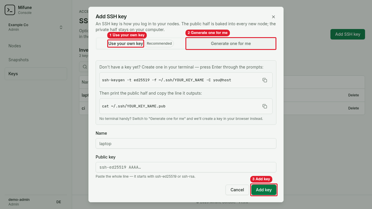 The Add SSH key dialog shows the Use your own key tab.