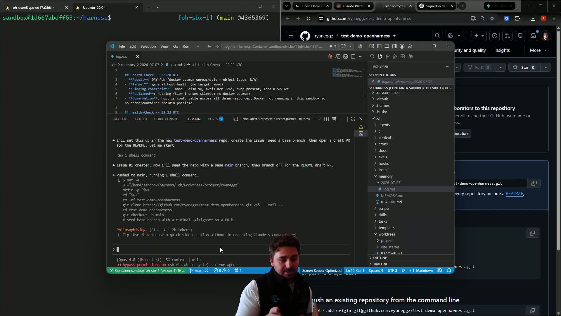The agent opens an issue and starts the branch and pull-request workflow for a demo repository.