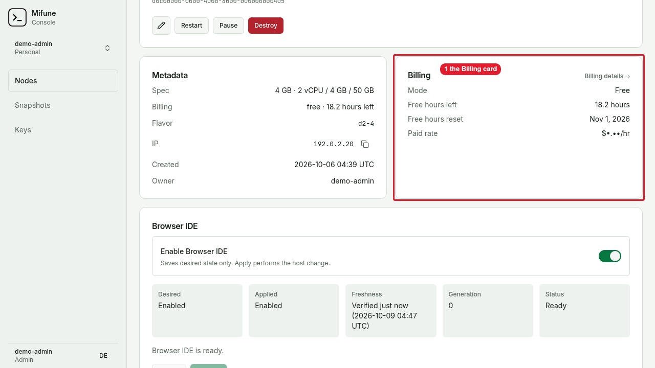 The Billing card of a running free node shows the free hours left and the reset date.