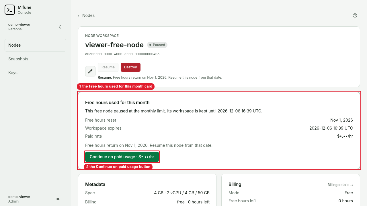 A paused free node shows the Free hours used for this month card.