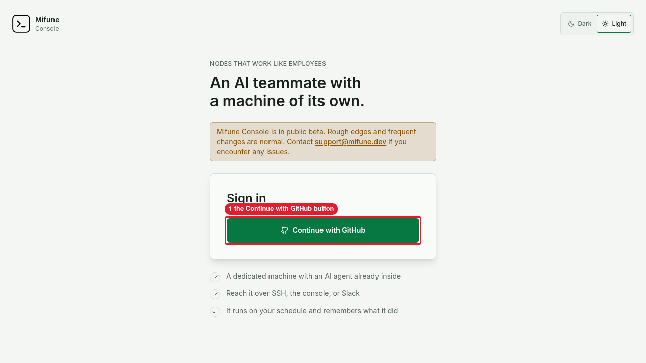 The Sign in page of the Console shows the Continue with GitHub button.