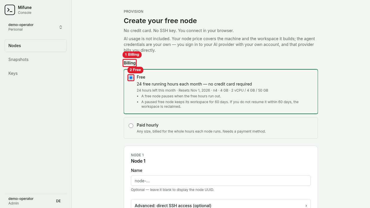 The Create your free node page shows the Billing options with Free selected.