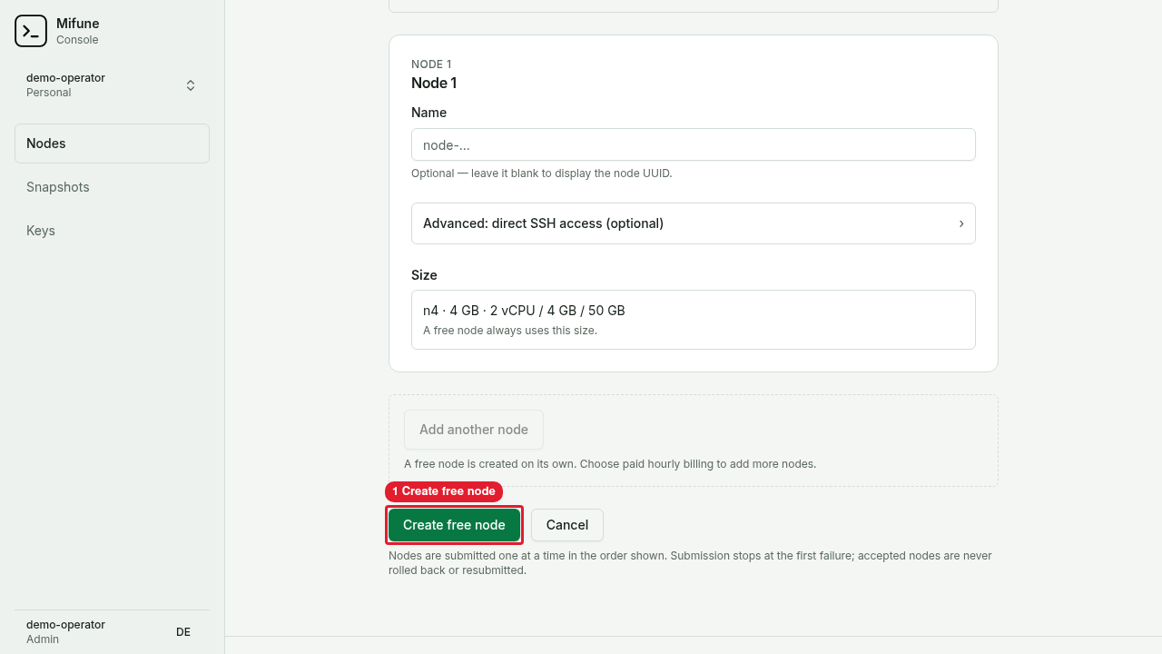 The bottom of the Create your free node page shows the Create free node button.