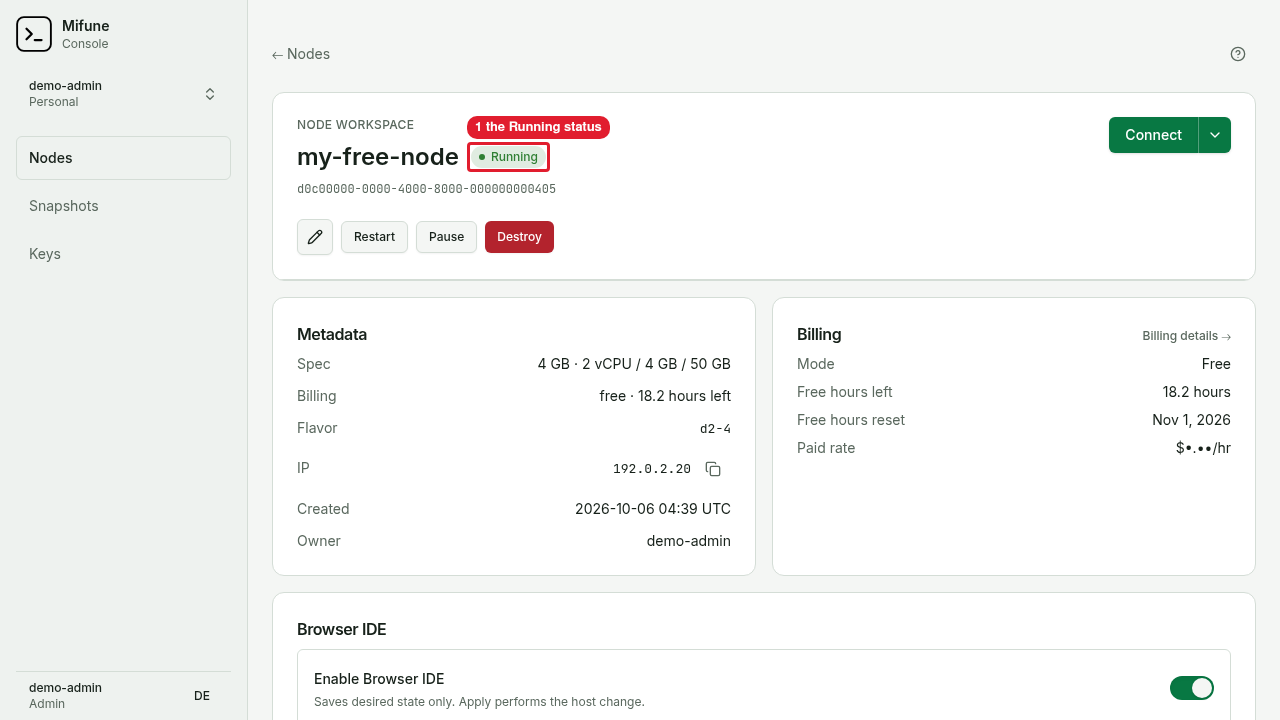 The page of a free node shows the Running status next to the node name.