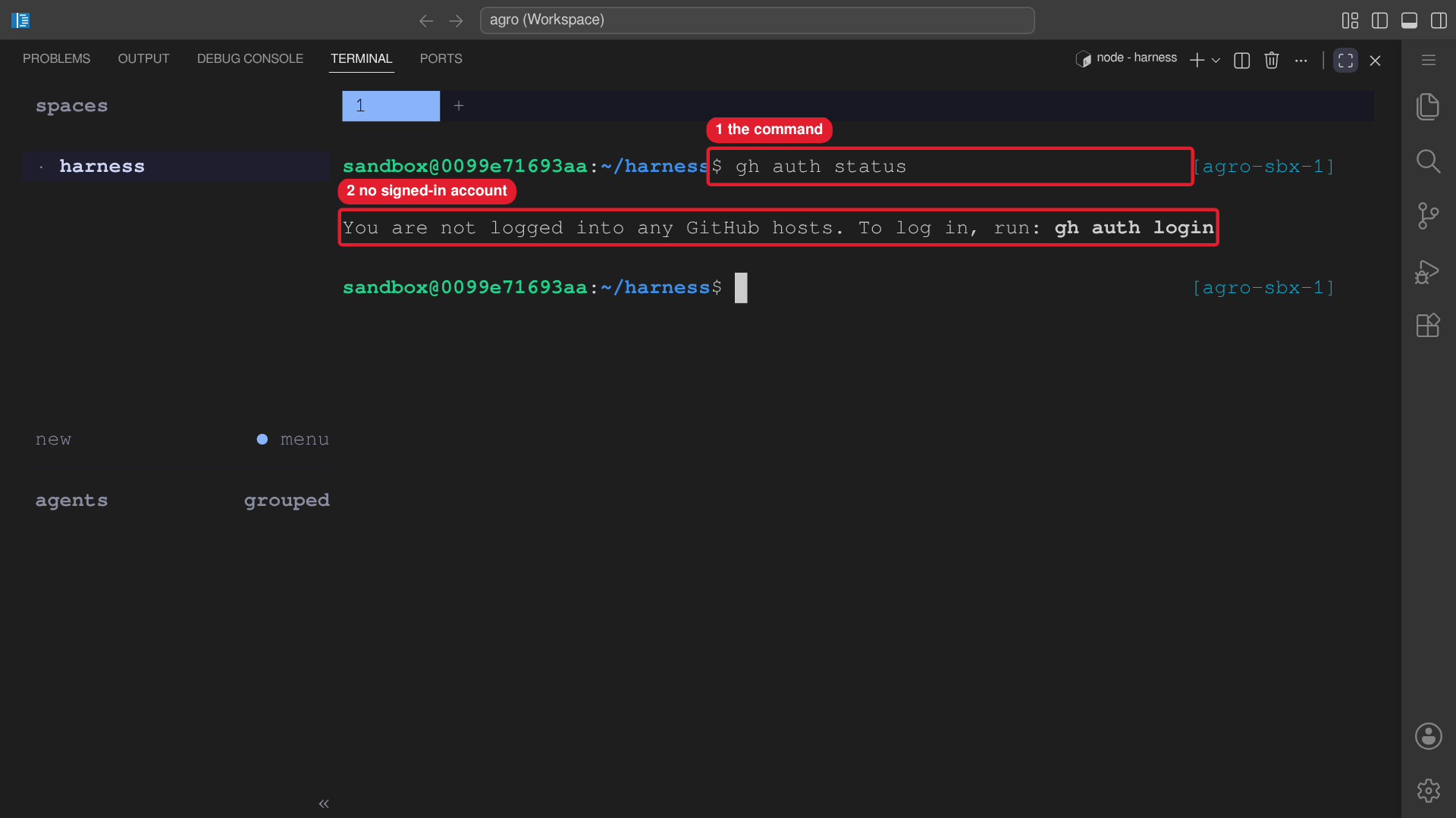 A Herdr pane runs gh auth status before any login.