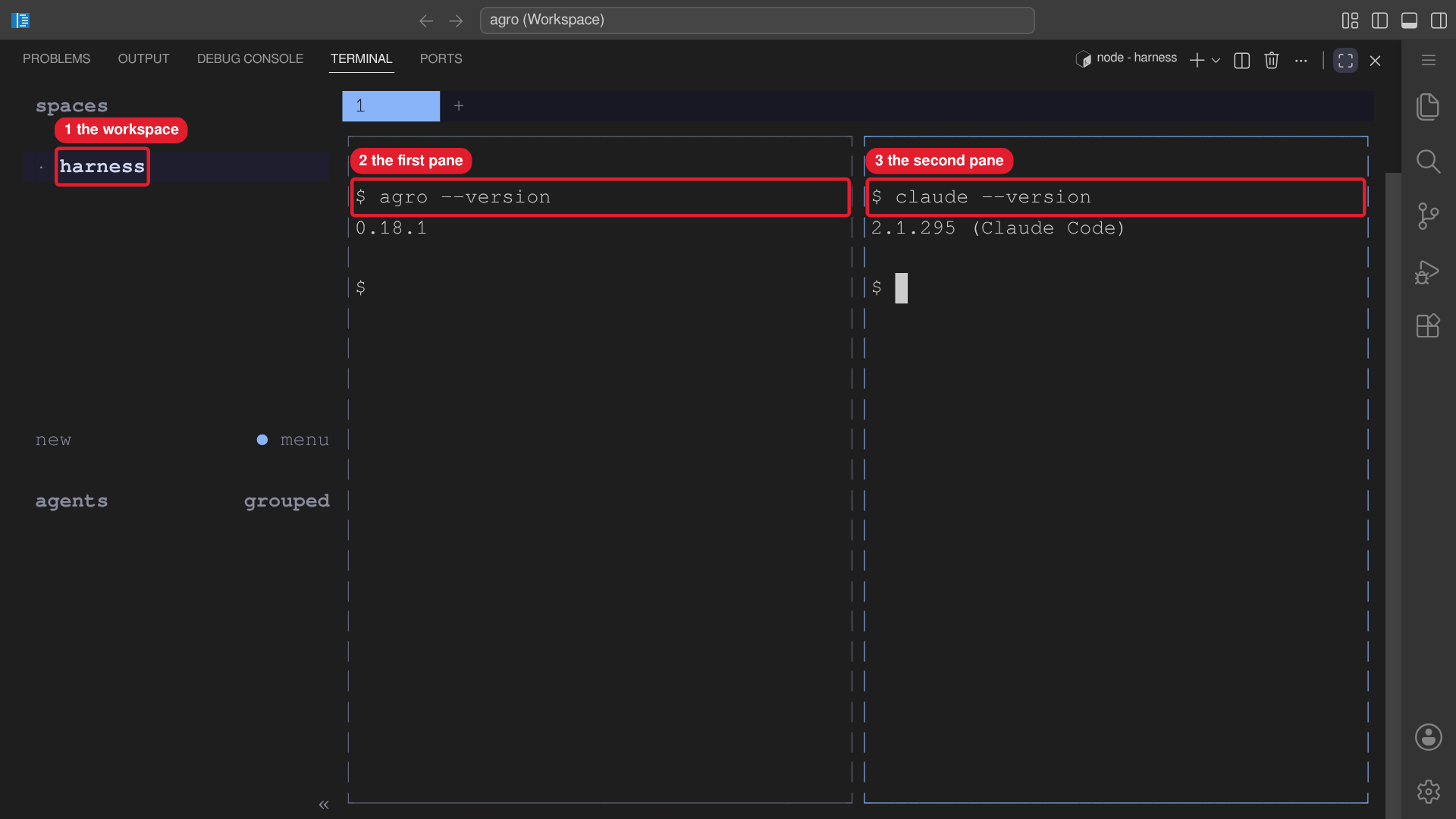 Herdr shows the harness workspace with two panes in the sandbox.