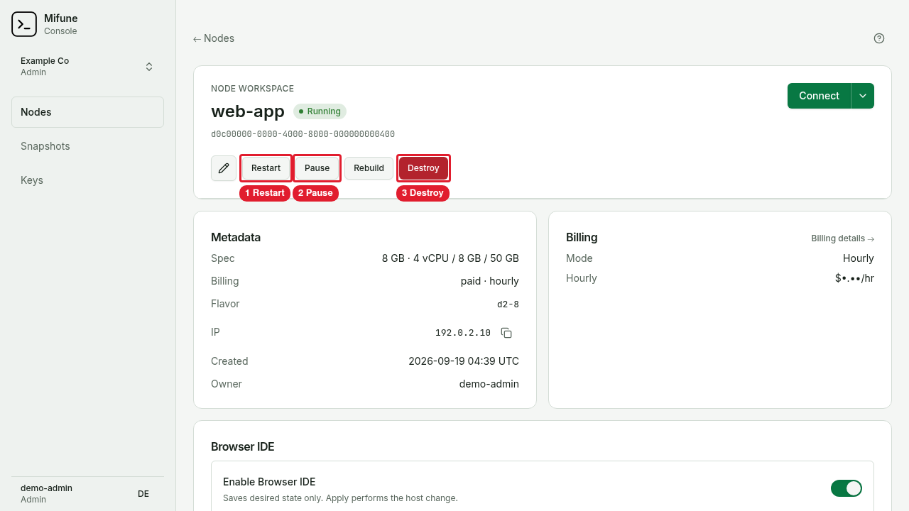 The node page of web-app shows the node actions.