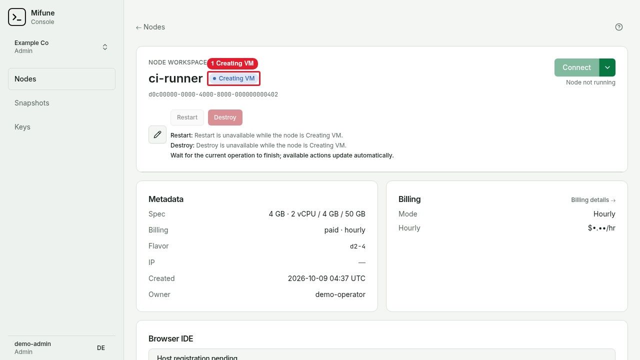 The node page of ci-runner shows the status Creating VM.