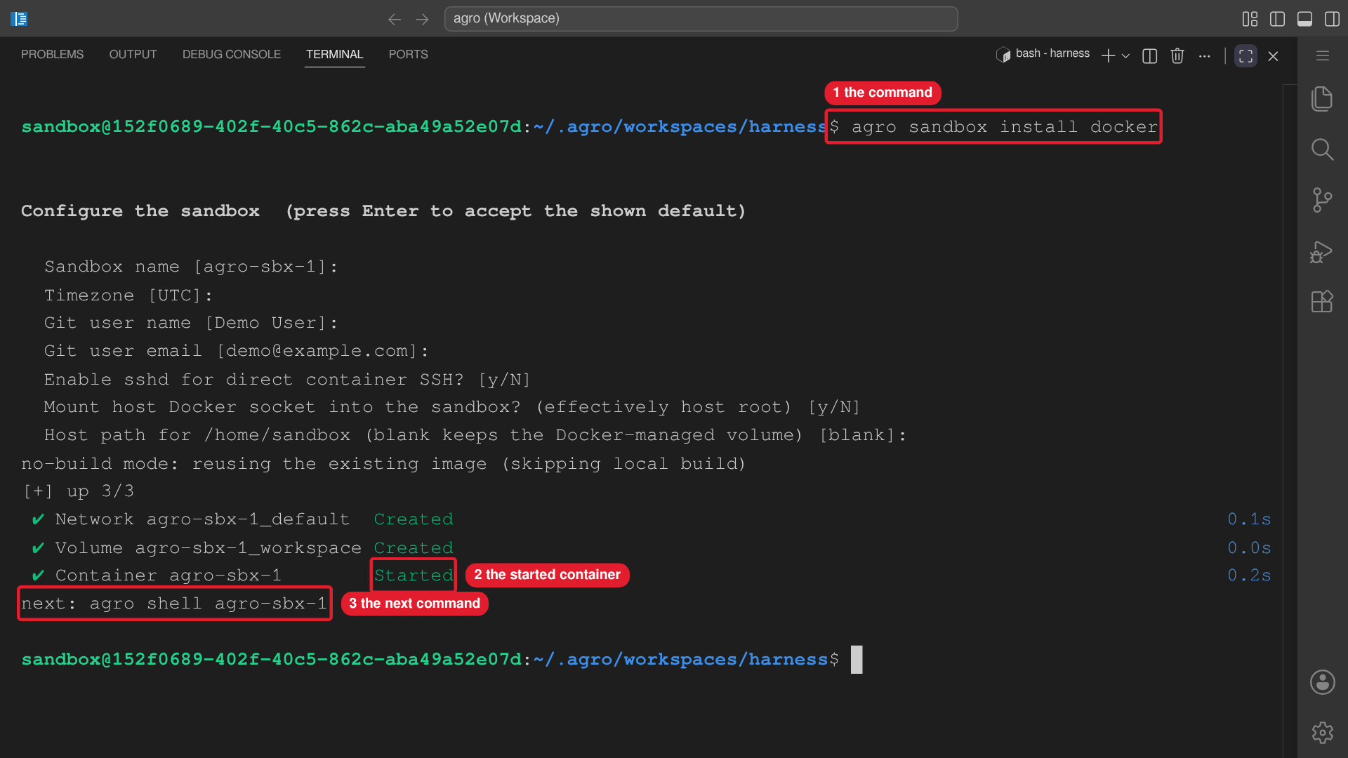 The editor terminal runs agro sandbox install docker, accepts each default, and starts the sandbox.
