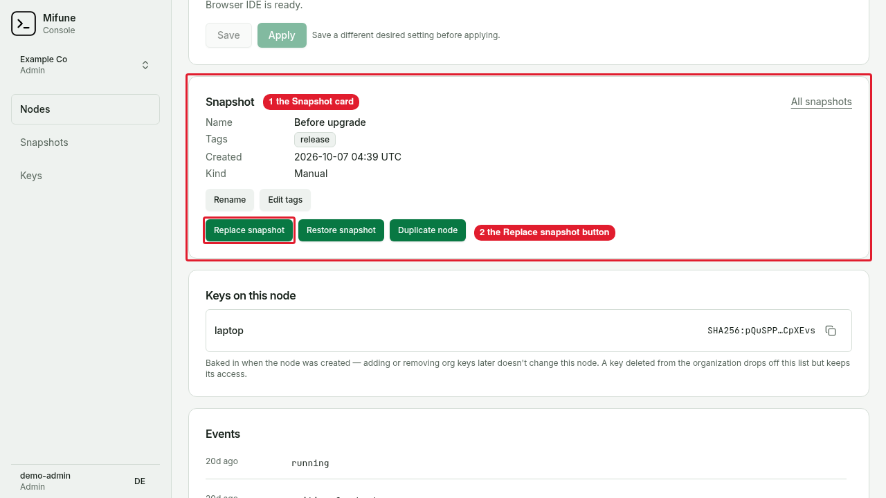 The Snapshot card of a running node shows a ready snapshot and the Replace snapshot button.