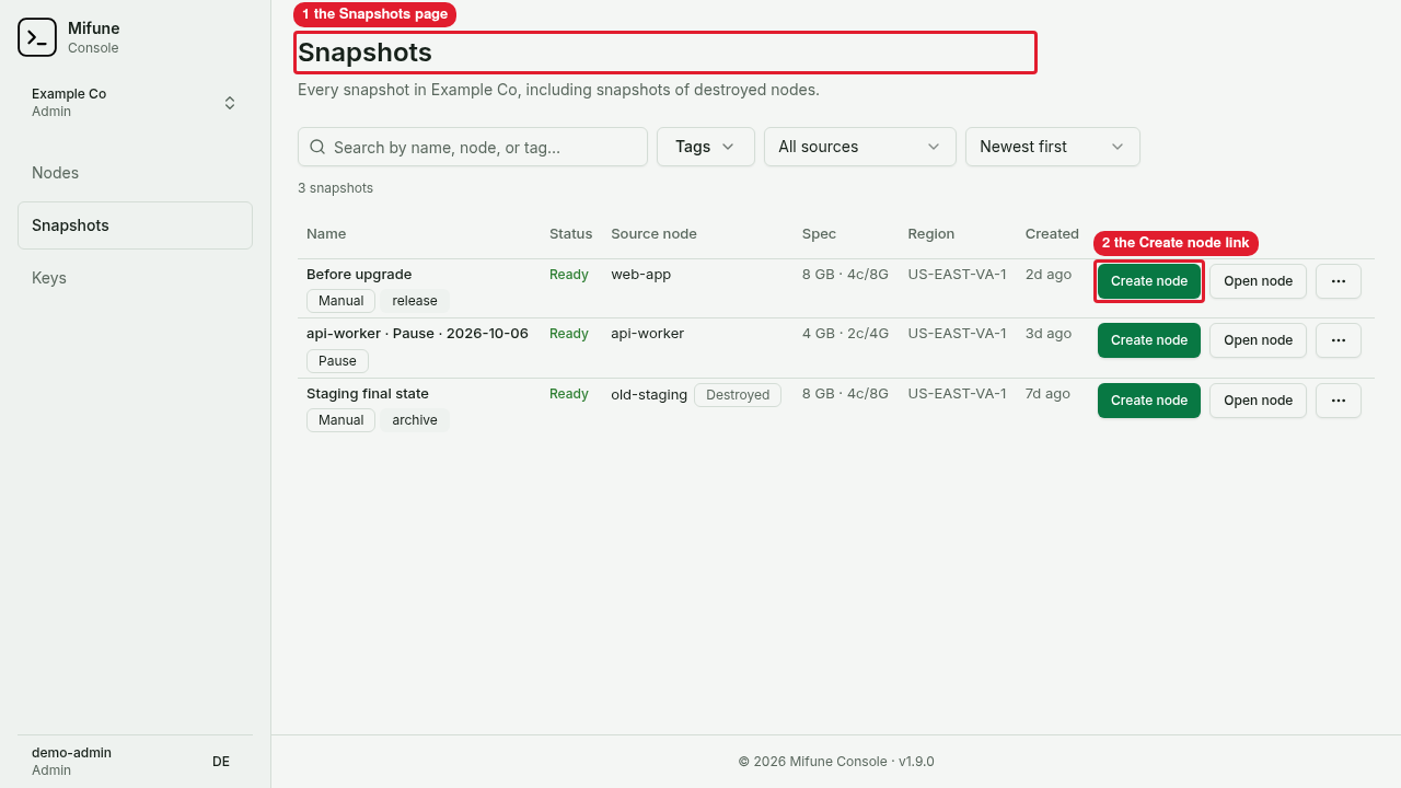 The Snapshots page lists each snapshot in the organization with its actions.